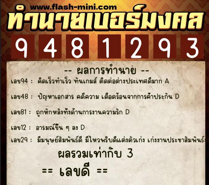 ทำนายเบอร์มงคล 0XX-9481293  ทำนายเบอร์มงคล หมายเลข 068-948129 