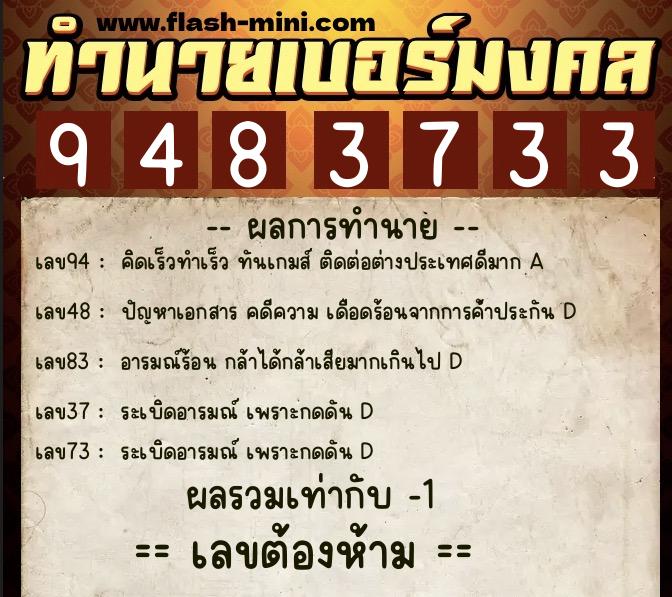 ทำนายเบอร์มงคล 0XX-9483733  ทำนายเบอร์มงคล หมายเลข 064-948373 