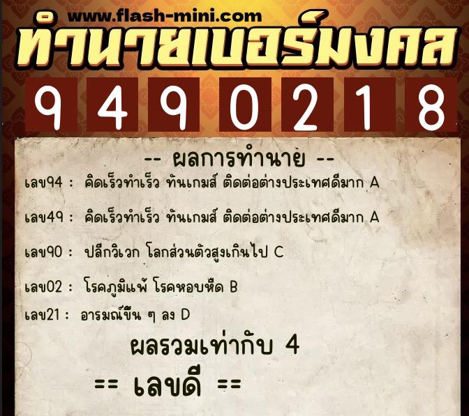 ทำนายเบอร์มงคล 0XX-9490218  ทำนายเบอร์มงคล หมายเลข 095-949021 