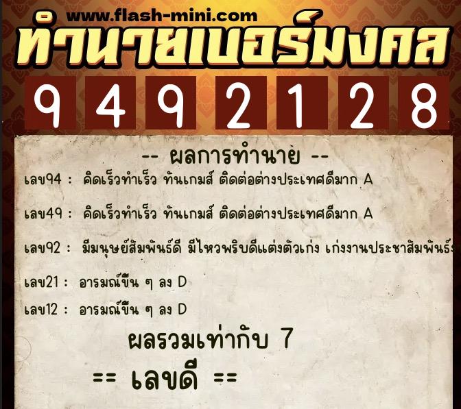 ทำนายเบอร์มงคล 0XX-9492128  ทำนายเบอร์มงคล หมายเลข 068-949212 