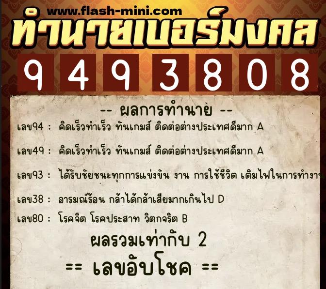 ทำนายเบอร์มงคล 0XX-9493808  ทำนายเบอร์มงคล หมายเลข 089-949380 