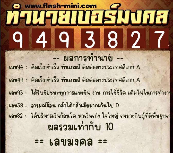 ทำนายเบอร์มงคล 0XX-9493827  ทำนายเบอร์มงคล หมายเลข 087-949382 