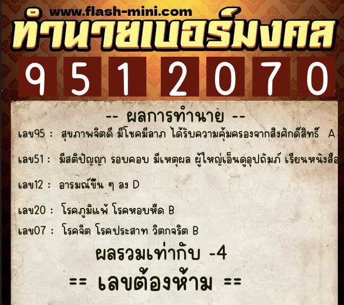 ทำนายเบอร์มงคล 0XX-9512070  ทำนายเบอร์มงคล หมายเลข 089-951207 