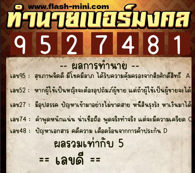 ทำนายเบอร์มงคล 0XX-9527481  ทำนายเบอร์มงคล หมายเลข 088-952748 