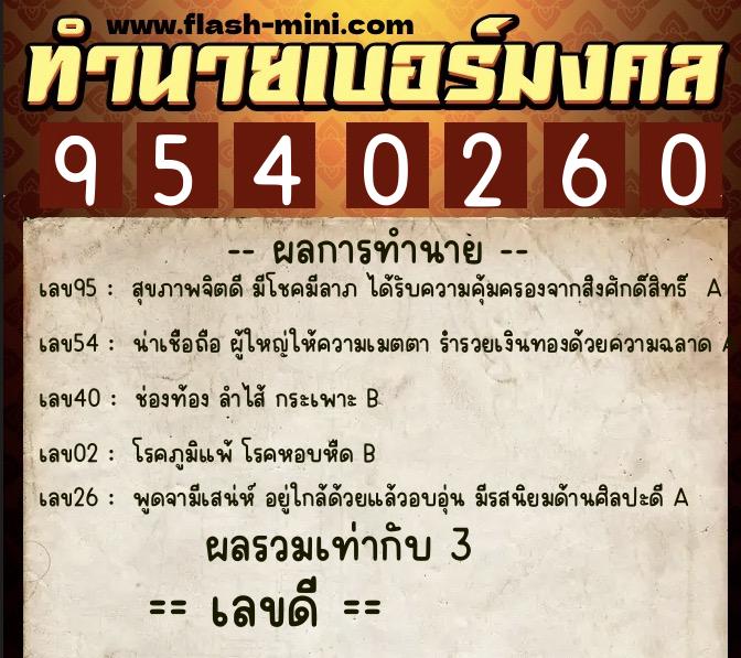 ทำนายเบอร์มงคล 0XX-9540260  ทำนายเบอร์มงคล หมายเลข 061-954026 