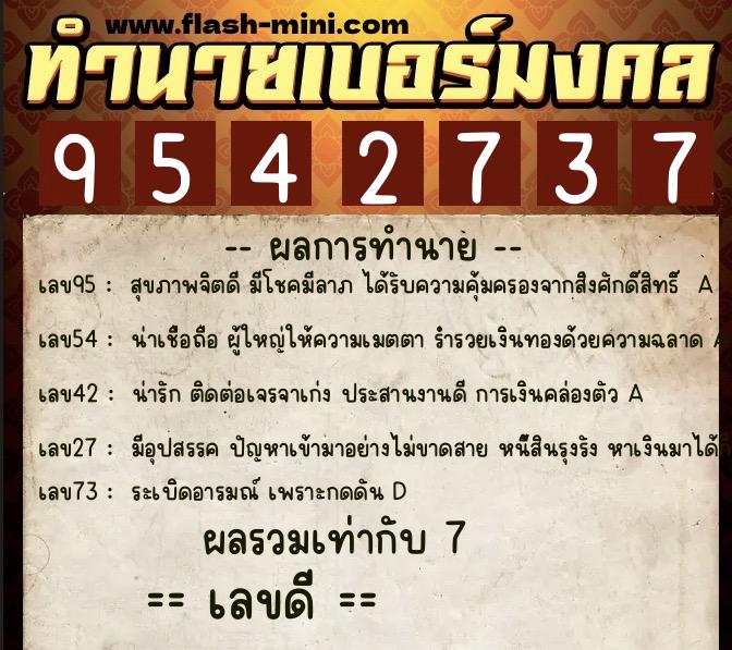 ทำนายเบอร์มงคล 0XX-9542737  ทำนายเบอร์มงคล หมายเลข 094-954273 