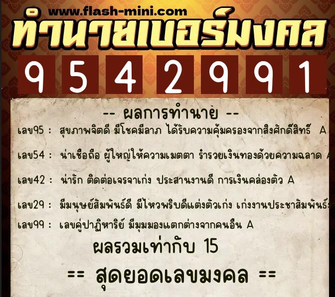 ทำนายเบอร์มงคล 0XX-9542991  ทำนายเบอร์มงคล หมายเลข 064-954299 