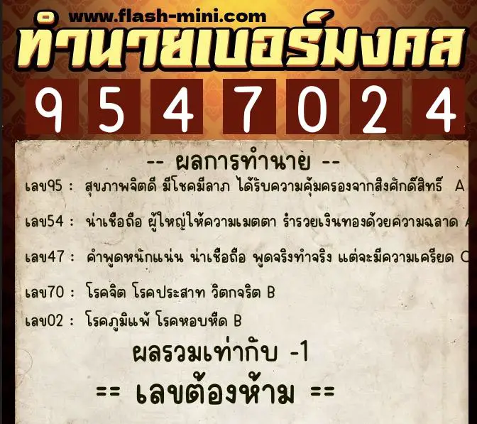 ทำนายเบอร์มงคล 0XX-9547024 ทำนายเบอร์มงคล หมายเลข 082-954702 ทำนายเบอร์มงคล 0XX-9547024 ทำนายเบอร์มงคล หมายเลข 082-954702