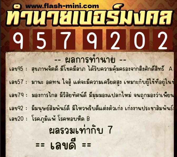 ทำนายเบอร์มงคล 0XX-9579202  ทำนายเบอร์มงคล หมายเลข 066-957920 