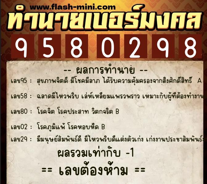 ทำนายเบอร์มงคล 0XX-9580298  ทำนายเบอร์มงคล หมายเลข 096-958029 