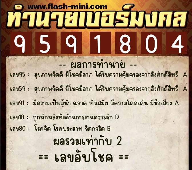 ทำนายเบอร์มงคล 0XX-9591804  ทำนายเบอร์มงคล หมายเลข 084-959180 