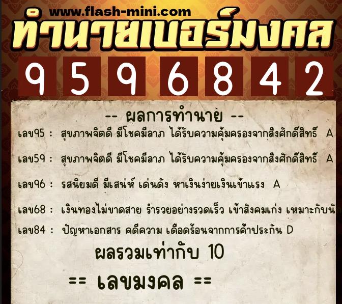 ทำนายเบอร์มงคล 0XX-9596842  ทำนายเบอร์มงคล หมายเลข 066-959684 