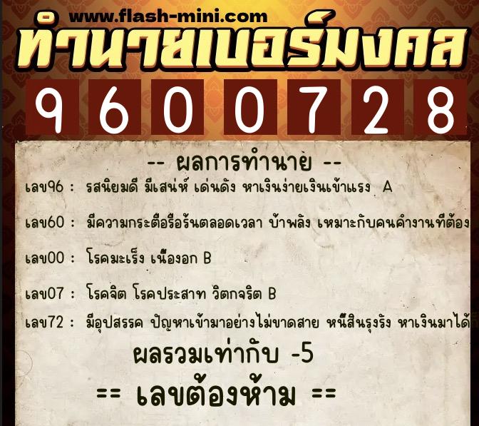 ทำนายเบอร์มงคล 0XX-9600728  ทำนายเบอร์มงคล หมายเลข 099-960072 