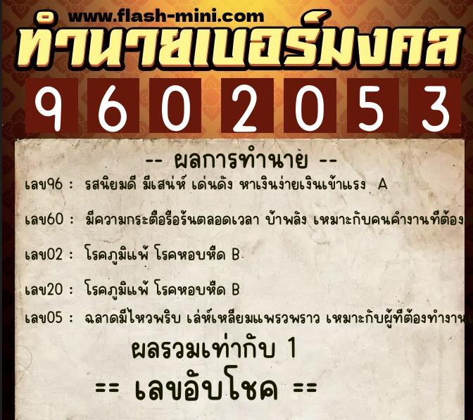 ทำนายเบอร์มงคล 0XX-9602053  ทำนายเบอร์มงคล หมายเลข 087-960205 
