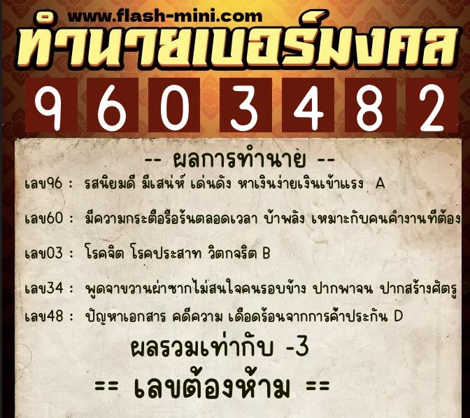 ทำนายเบอร์มงคล 0XX-9603482  ทำนายเบอร์มงคล หมายเลข 063-960348 