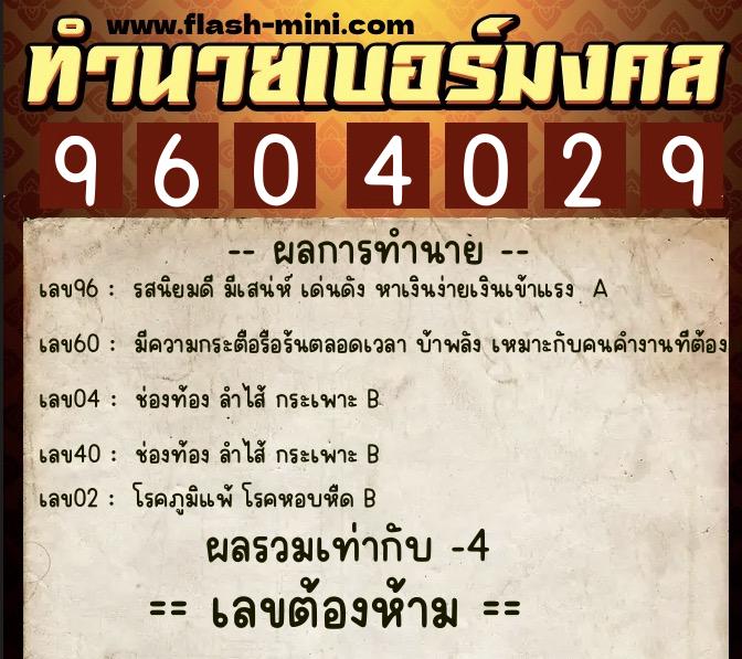 ทำนายเบอร์มงคล 0XX-9604029  ทำนายเบอร์มงคล หมายเลข 088-960402 