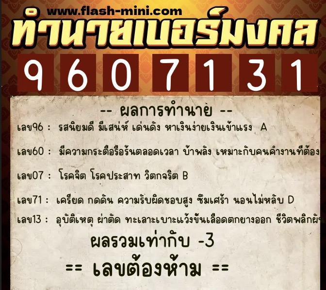 ทำนายเบอร์มงคล 0XX-9607131  ทำนายเบอร์มงคล หมายเลข 093-960713 