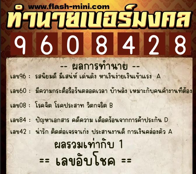 ทำนายเบอร์มงคล 0XX-9608428  ทำนายเบอร์มงคล หมายเลข 067-960842 