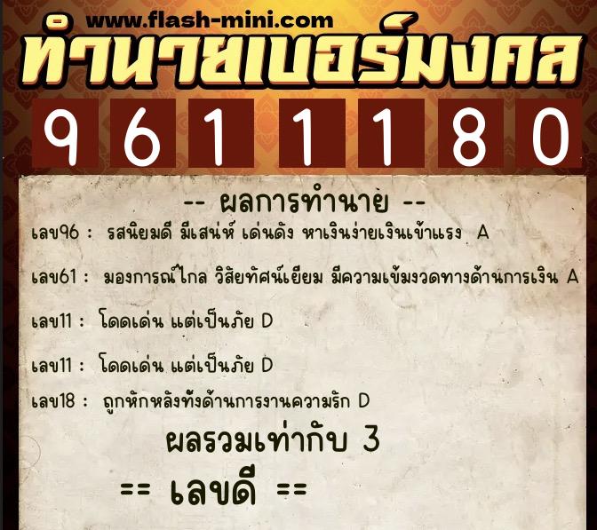 ทำนายเบอร์มงคล 0XX-9611180 ทำนายเบอร์มงคล หมายเลข 080-961118 ทำนายเบอร์มงคล 0XX-9611180 ทำนายเบอร์มงคล หมายเลข 080-961118