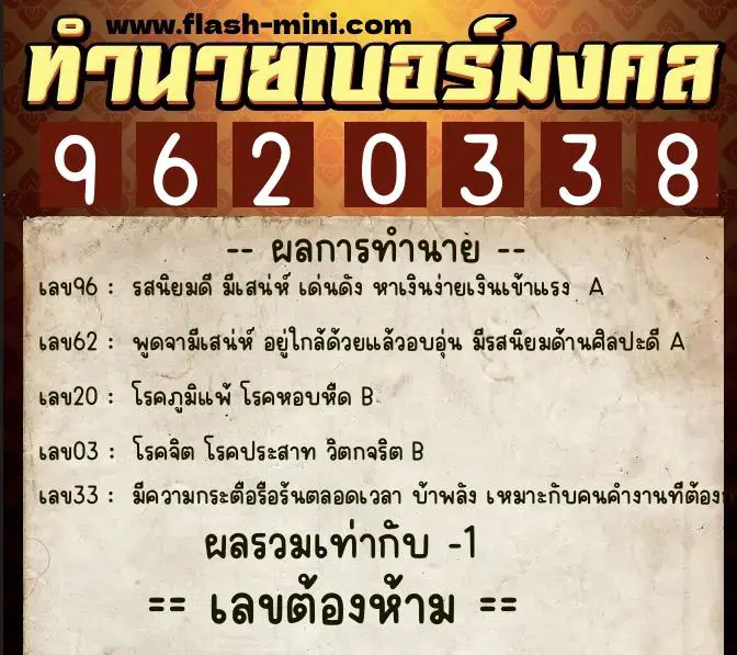 ทำนายเบอร์มงคล 0XX-9620338 ทำนายเบอร์มงคล หมายเลข 088-962033 ทำนายเบอร์มงคล 0XX-9620338 ทำนายเบอร์มงคล หมายเลข 088-962033