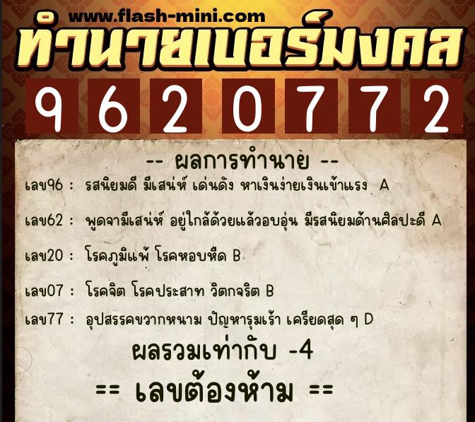 ทำนายเบอร์มงคล 0XX-9620772 ทำนายเบอร์มงคล หมายเลข 061-962077 ทำนายเบอร์มงคล 0XX-9620772 ทำนายเบอร์มงคล หมายเลข 061-962077