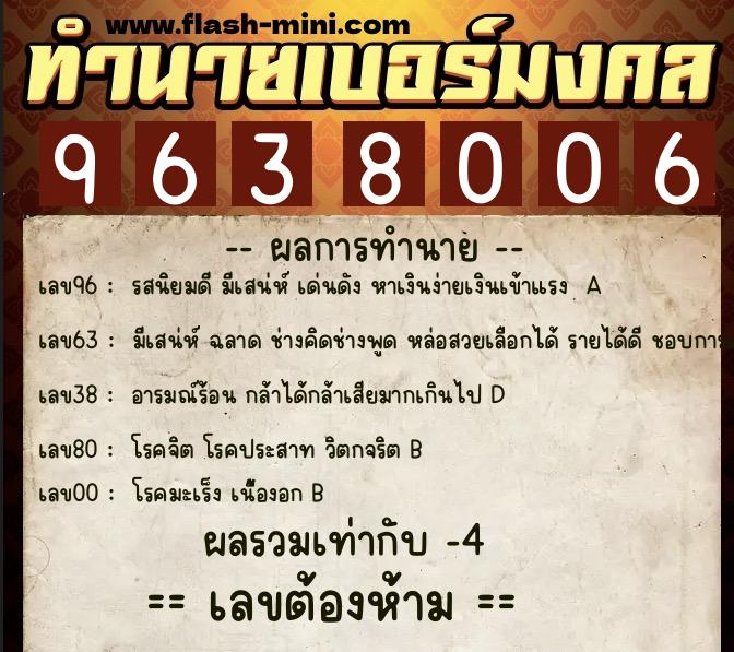 ทำนายเบอร์มงคล 0XX-9638006  ทำนายเบอร์มงคล หมายเลข 082-963800 