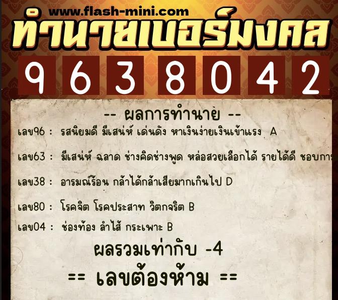 ทำนายเบอร์มงคล 0XX-9638042  ทำนายเบอร์มงคล หมายเลข 088-963804 