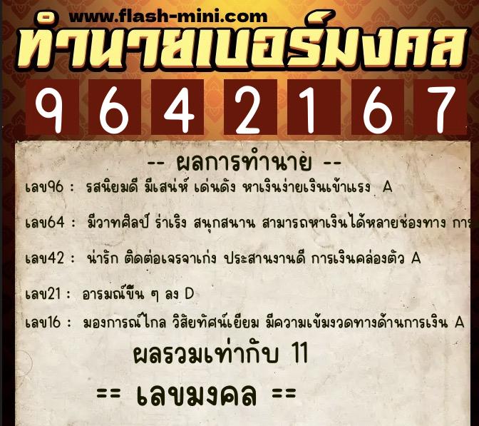 ทำนายเบอร์มงคล 0XX-9642167  ทำนายเบอร์มงคล หมายเลข 084-964216 