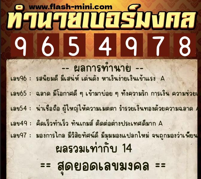 ทำนายเบอร์มงคล 0XX-9654978  ทำนายเบอร์มงคล หมายเลข 067-965497 