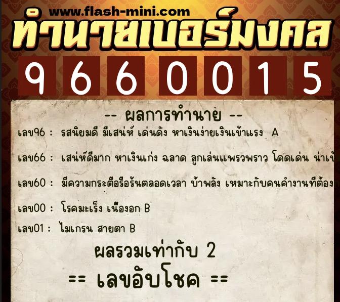 ทำนายเบอร์มงคล 0XX-9660015  ทำนายเบอร์มงคล หมายเลข 081-966001 