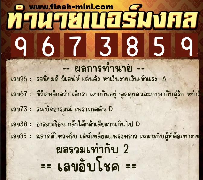 ทำนายเบอร์มงคล 0XX-9673859  ทำนายเบอร์มงคล หมายเลข 088-967385 