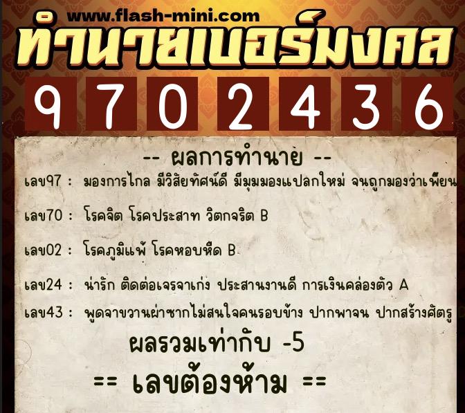 ทำนายเบอร์มงคล 0XX-9702436  ทำนายเบอร์มงคล หมายเลข 064-970243 
