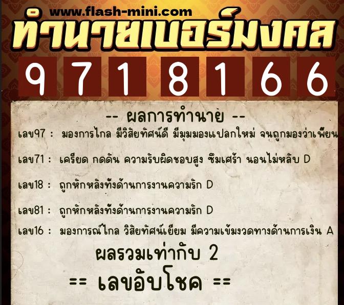 ทำนายเบอร์มงคล 0XX-9718166  ทำนายเบอร์มงคล หมายเลข 069-971816 