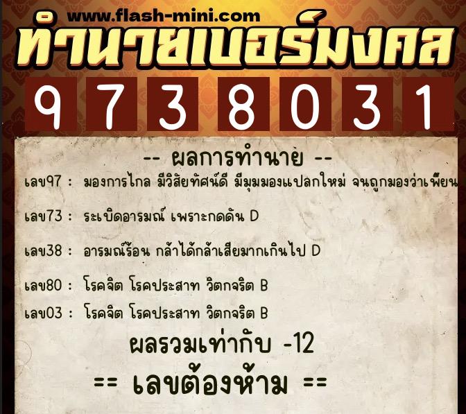 ทำนายเบอร์มงคล 0XX-9738031 ทำนายเบอร์มงคล หมายเลข 066-973803 ทำนายเบอร์มงคล 0XX-9738031 ทำนายเบอร์มงคล หมายเลข 066-973803