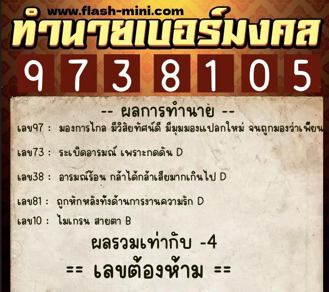 ทำนายเบอร์มงคล 0XX-9738105 ทำนายเบอร์มงคล หมายเลข 061-973810 ทำนายเบอร์มงคล 0XX-9738105 ทำนายเบอร์มงคล หมายเลข 061-973810