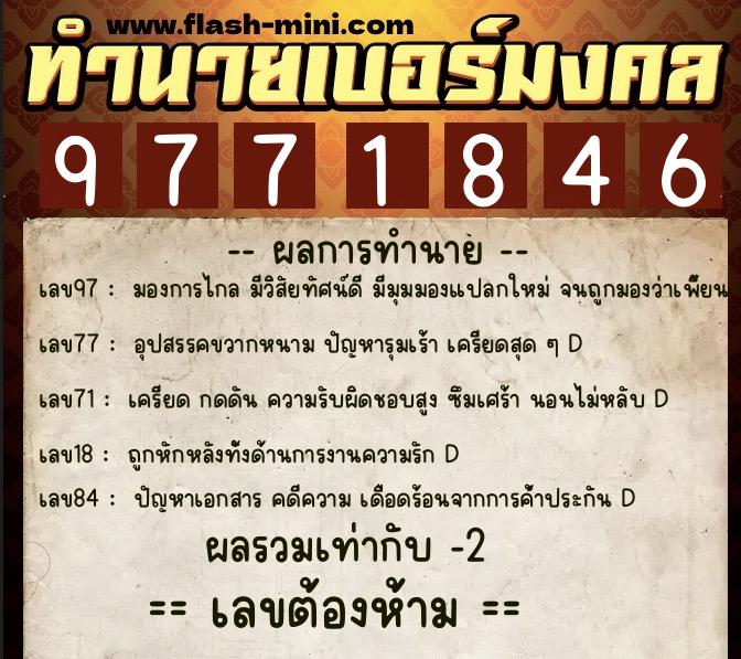 ทำนายเบอร์มงคล 0XX-9771846  ทำนายเบอร์มงคล หมายเลข 098-977184 