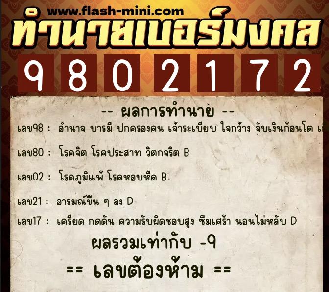 ทำนายเบอร์มงคล 0XX-9802172  ทำนายเบอร์มงคล หมายเลข 099-980217 