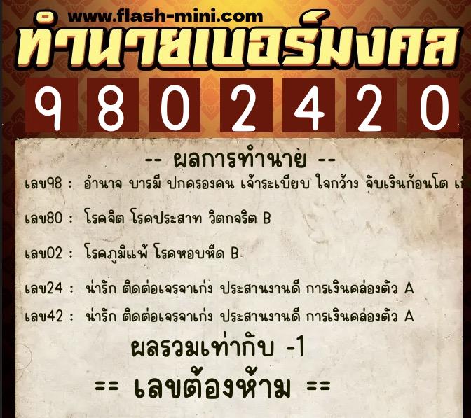 ทำนายเบอร์มงคล 0XX-9802420  ทำนายเบอร์มงคล หมายเลข 066-980242 