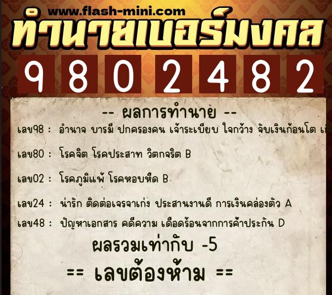 ทำนายเบอร์มงคล 0XX-9802482  ทำนายเบอร์มงคล หมายเลข 069-980248 