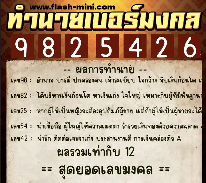 ทำนายเบอร์มงคล 0XX-9825426  ทำนายเบอร์มงคล หมายเลข 069-982542 