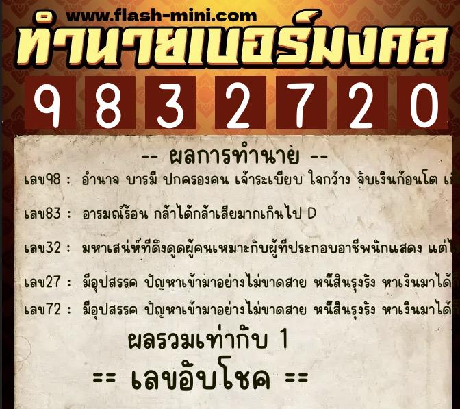 ทำนายเบอร์มงคล 0XX-9832720  ทำนายเบอร์มงคล หมายเลข 084-983272 