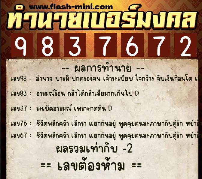 ทำนายเบอร์มงคล 0XX-9837672  ทำนายเบอร์มงคล หมายเลข 098-983767 
