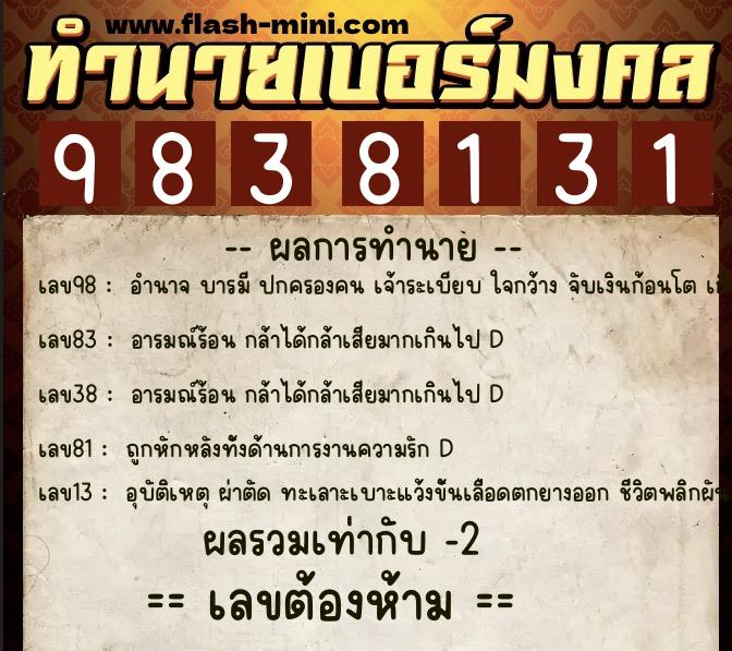 ทำนายเบอร์มงคล 0XX-9838131  ทำนายเบอร์มงคล หมายเลข 094-983813 