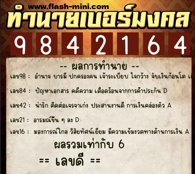ทำนายเบอร์มงคล 0XX-9842164  ทำนายเบอร์มงคล หมายเลข 096-984216 