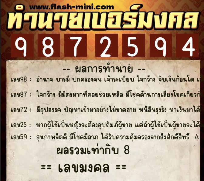 ทำนายเบอร์มงคล 0XX-9872594  ทำนายเบอร์มงคล หมายเลข 066-987259 