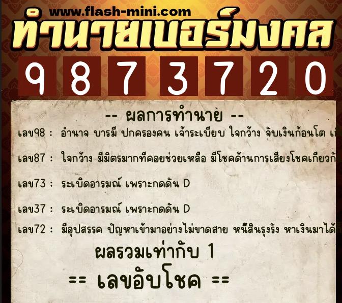 ทำนายเบอร์มงคล 0XX-9873720  ทำนายเบอร์มงคล หมายเลข 066-987372 