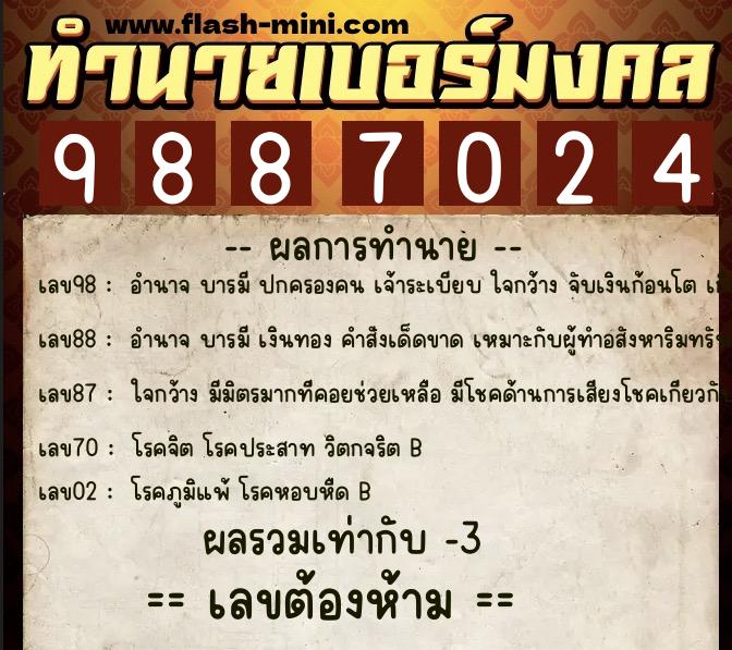 ทำนายเบอร์มงคล 0XX-9887024  ทำนายเบอร์มงคล หมายเลข 080-988702 
