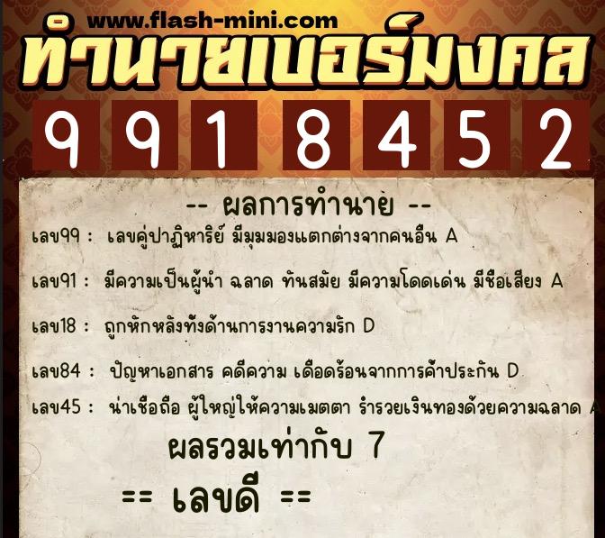 ทำนายเบอร์มงคล 0XX-9918452  ทำนายเบอร์มงคล หมายเลข 069-991845 