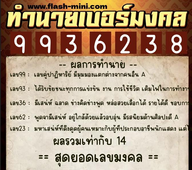 ทำนายเบอร์มงคล 0XX-9936238  ทำนายเบอร์มงคล หมายเลข 062-993623 