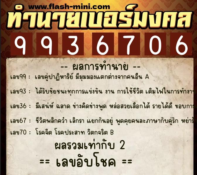 ทำนายเบอร์มงคล 0XX-9936706  ทำนายเบอร์มงคล หมายเลข 066-993670 